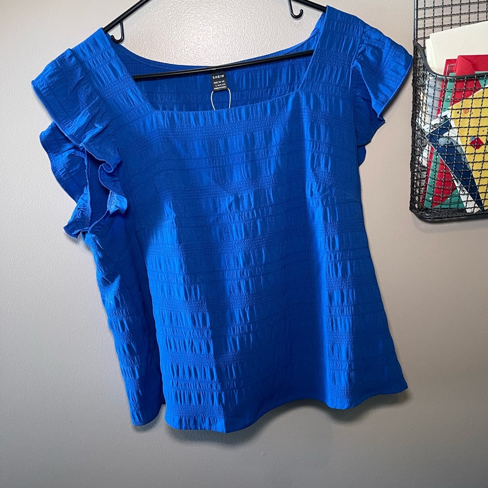 SHEIN Royal Blue Square Neck Ruffle Sleeve Top